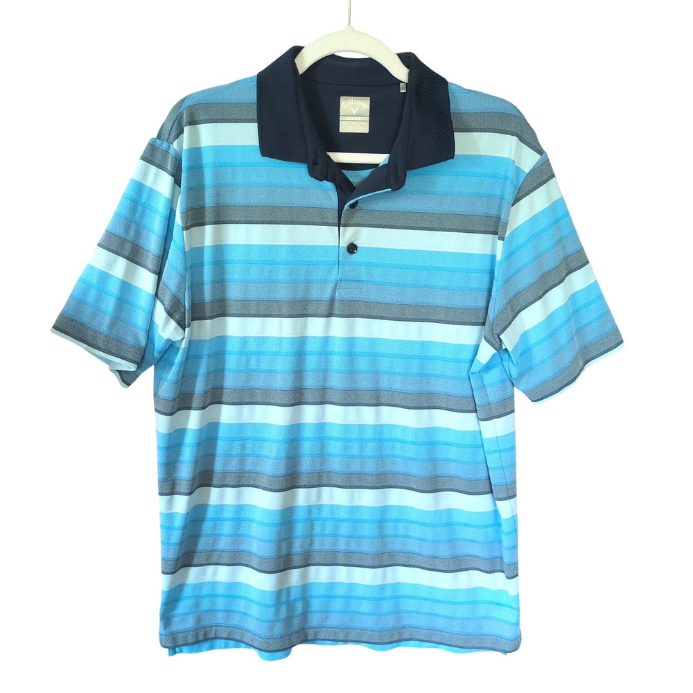 Callaway Golf Polo Shirt Mens Medium Blue Stripe Opti-Dri Performance Preppy
